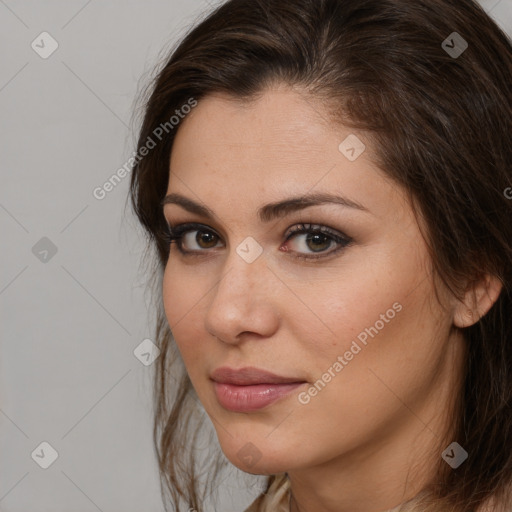 Neutral white young-adult female with medium  brown hair and brown eyes