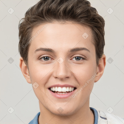 Joyful white young-adult female with short  brown hair and brown eyes