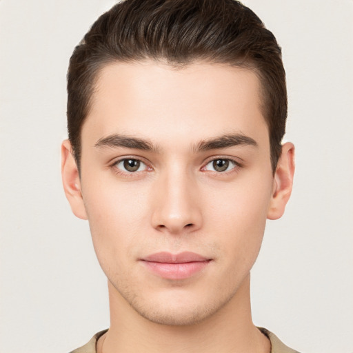 Neutral white young-adult male with short  brown hair and brown eyes