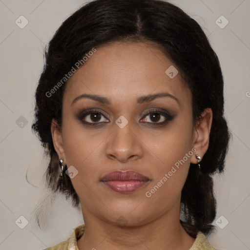 Joyful latino young-adult female with medium  brown hair and brown eyes