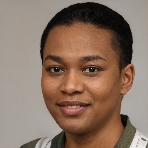 Joyful black young-adult female with short  black hair and brown eyes
