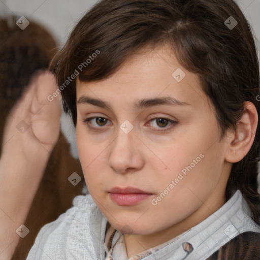 Neutral white young-adult female with short  brown hair and brown eyes