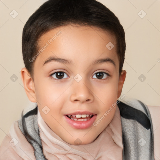 Joyful white child female with short  brown hair and brown eyes