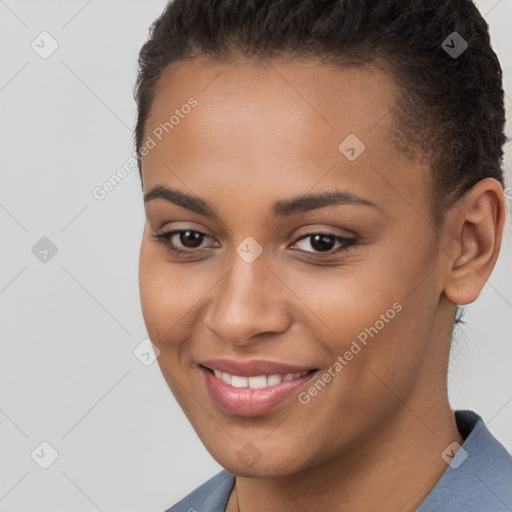 Joyful white young-adult female with short  brown hair and brown eyes