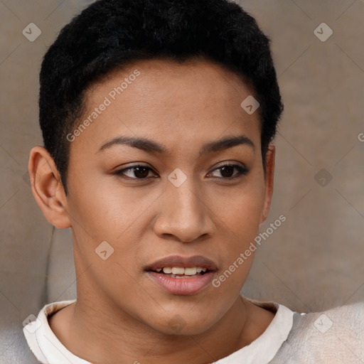 Joyful latino young-adult female with short  brown hair and brown eyes