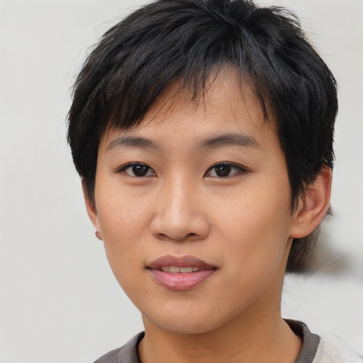 Neutral asian young-adult female with medium  brown hair and brown eyes