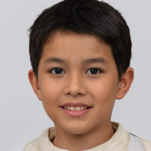 Joyful asian child male with short  brown hair and brown eyes