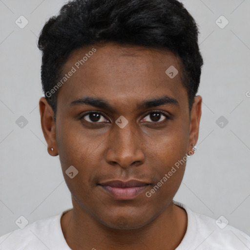 Neutral black young-adult male with short  black hair and brown eyes
