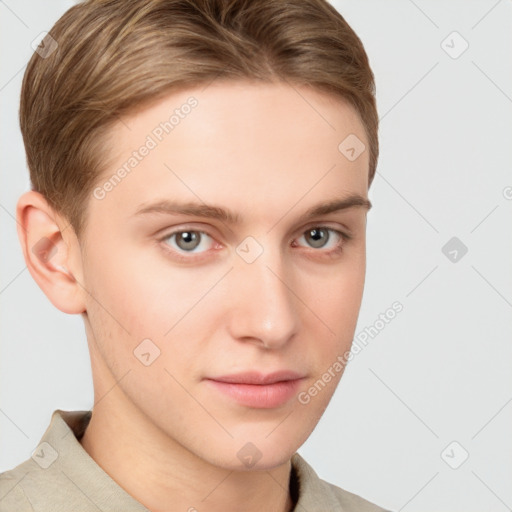 Neutral white young-adult male with short  brown hair and grey eyes