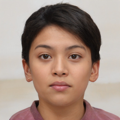 Neutral latino young-adult female with short  brown hair and brown eyes