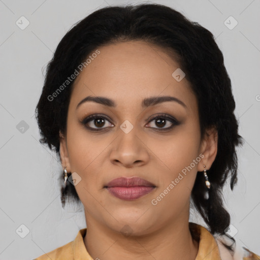 Joyful latino young-adult female with medium  brown hair and brown eyes