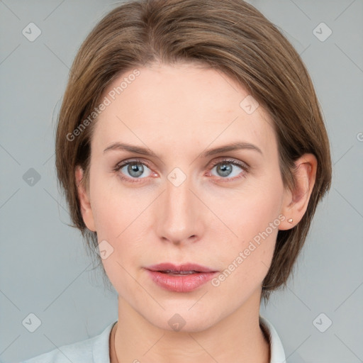 Neutral white young-adult female with medium  brown hair and blue eyes