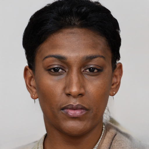 Neutral black young-adult female with short  black hair and brown eyes