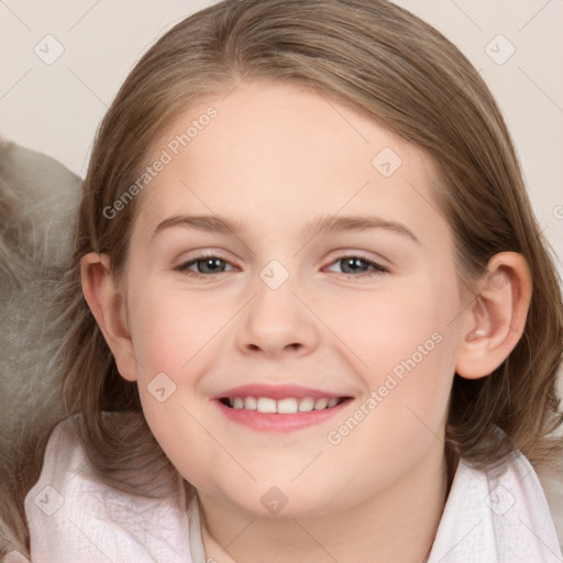 Joyful white child female with medium  brown hair and grey eyes