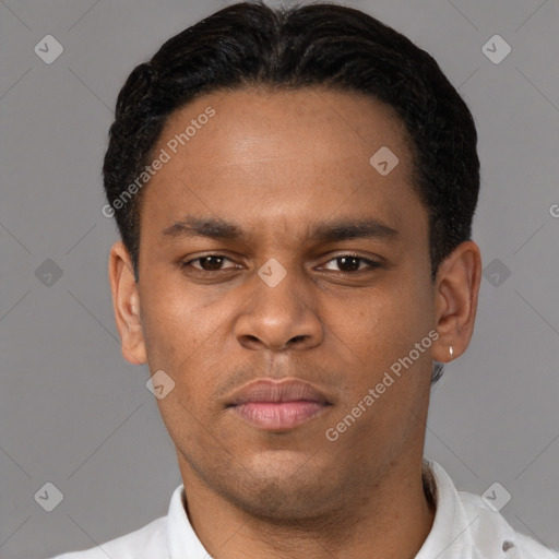 Neutral black young-adult male with short  brown hair and brown eyes