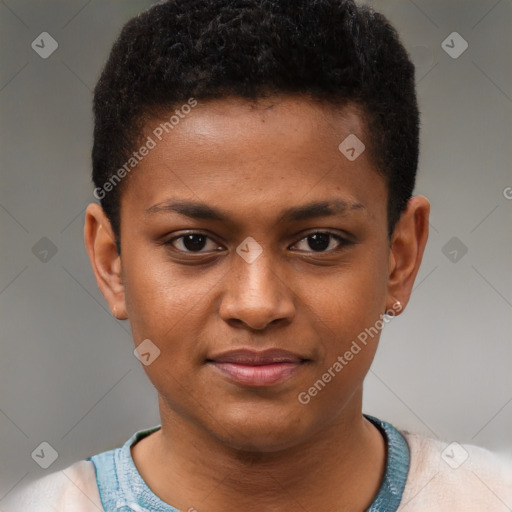 Joyful black young-adult male with short  brown hair and brown eyes