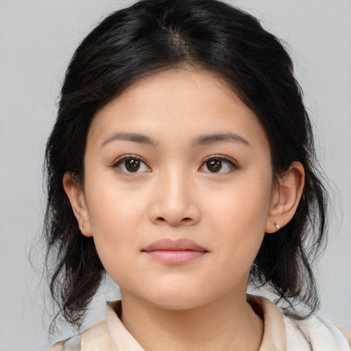 Neutral asian young-adult female with medium  brown hair and brown eyes