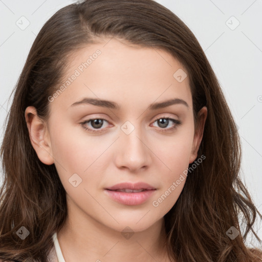 Neutral white young-adult female with long  brown hair and brown eyes