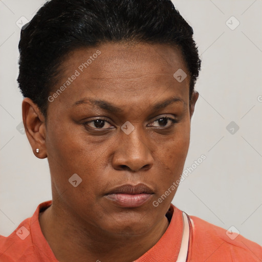 Neutral black young-adult female with short  brown hair and brown eyes