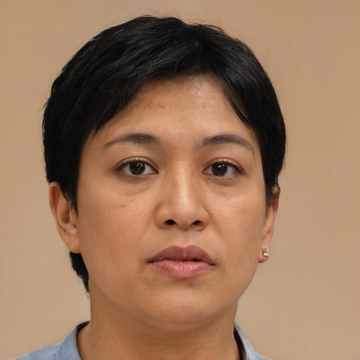 Joyful asian young-adult female with short  brown hair and brown eyes