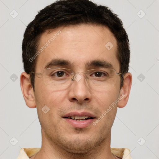 Joyful white adult male with short  brown hair and brown eyes