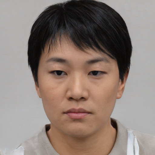 Neutral asian young-adult female with short  black hair and brown eyes