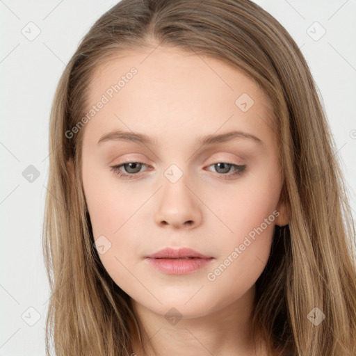 Neutral white young-adult female with long  brown hair and brown eyes