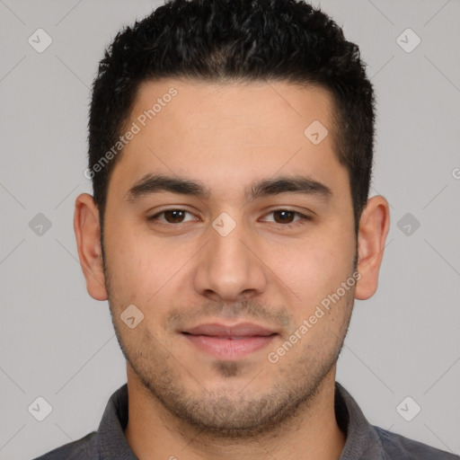 Joyful white young-adult male with short  black hair and brown eyes