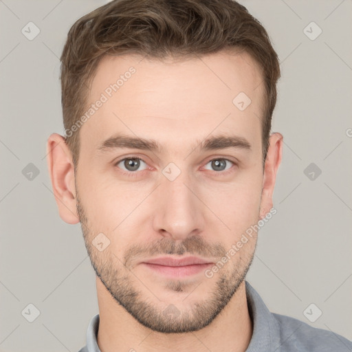 Neutral white young-adult male with short  brown hair and grey eyes