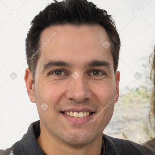 Joyful white young-adult male with short  brown hair and brown eyes