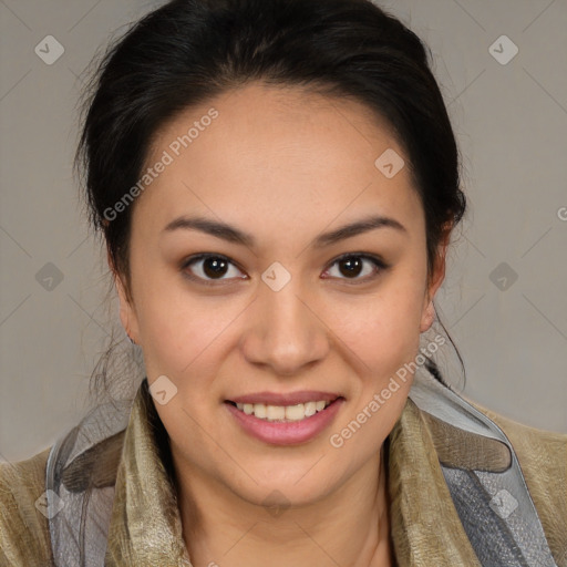 Joyful latino young-adult female with medium  brown hair and brown eyes