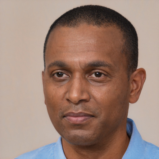 Neutral black adult male with short  black hair and brown eyes