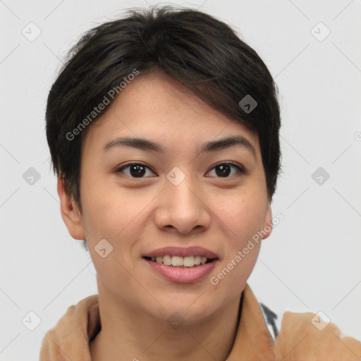 Joyful asian young-adult female with short  brown hair and brown eyes