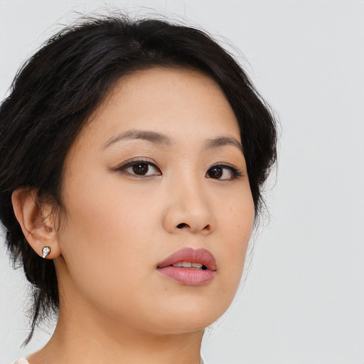 Neutral asian young-adult female with medium  brown hair and brown eyes