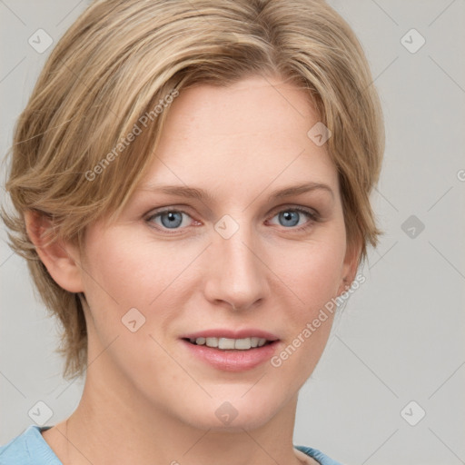 Joyful white young-adult female with medium  brown hair and blue eyes