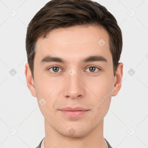 Neutral white young-adult male with short  brown hair and brown eyes