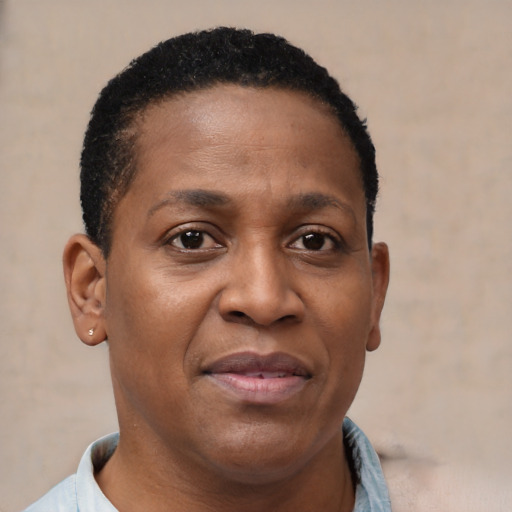 Joyful black adult female with short  brown hair and brown eyes