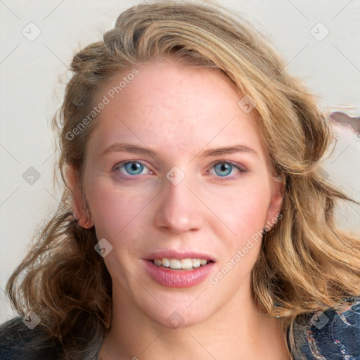 Joyful white young-adult female with medium  brown hair and blue eyes