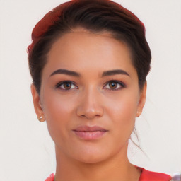 Neutral white young-adult female with short  brown hair and brown eyes