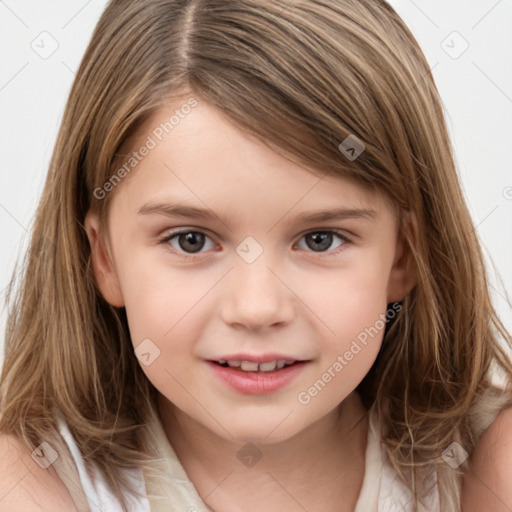 Joyful white child female with medium  brown hair and brown eyes