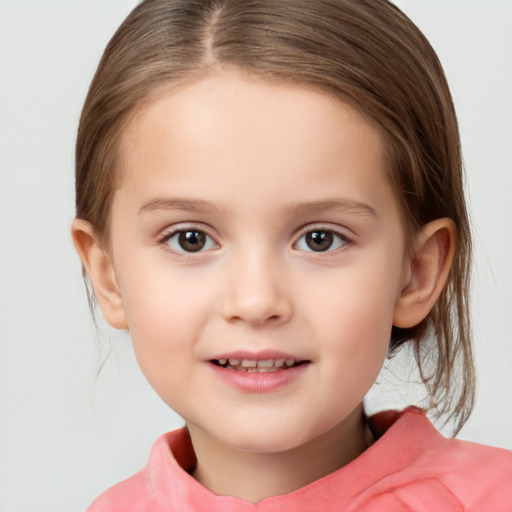 Joyful white child female with medium  brown hair and brown eyes