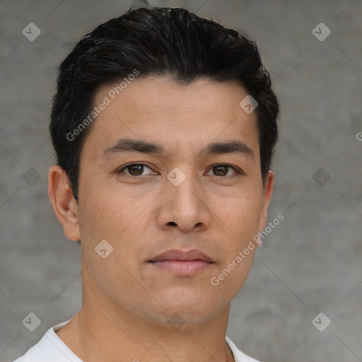 Neutral asian young-adult male with short  brown hair and brown eyes