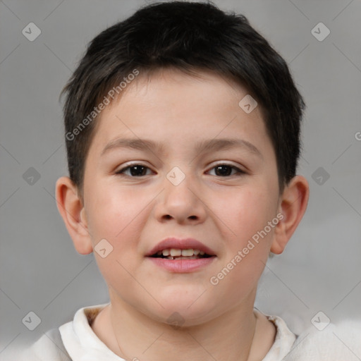 Joyful white child male with short  brown hair and brown eyes