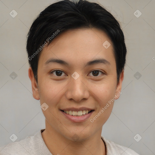 Joyful asian young-adult female with short  brown hair and brown eyes