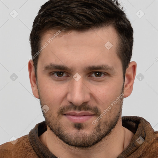 Joyful white young-adult male with short  brown hair and brown eyes