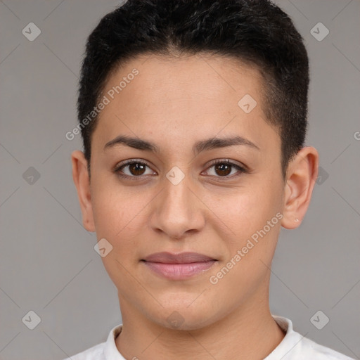 Joyful white young-adult female with short  brown hair and brown eyes