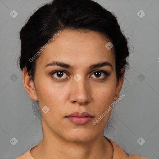 Neutral white young-adult female with short  brown hair and brown eyes