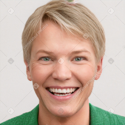 Joyful white young-adult female with short  brown hair and blue eyes