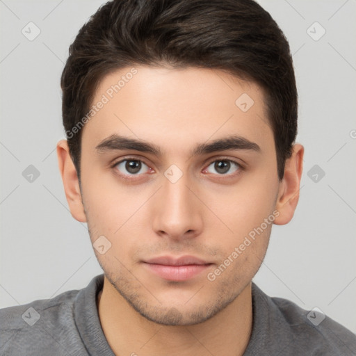 Neutral white young-adult male with short  brown hair and brown eyes