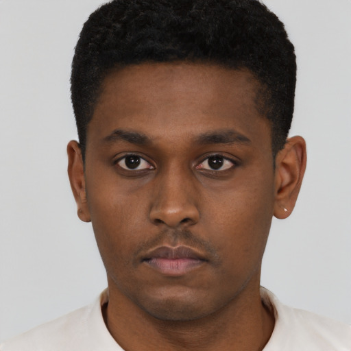 Neutral black young-adult male with short  black hair and brown eyes